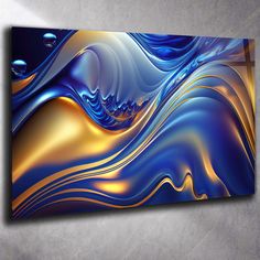 an abstract blue and gold painting on a wall