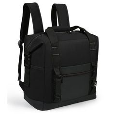 an image of a black backpack with straps on it's back and side pockets