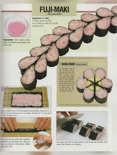 an advertisement for some kind of sushi with pink stuff in it's middle