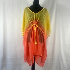 Beaches & Boho Orange & Yellow,,V Neck, Sheer, Tassels, Swim, Cover Up, Tunic,Top,Dress, L/Xl, Throw, Adjustable Tie Waist , V Neck Lightweight, Free Flowing!Who’s Ready For Sunshine And Fun! This Bright Colored Tunic Will Keep Pep In Your Step! New Without Tags. Boho Orange, Bright Colored, Free Flowing, Swim Cover, Boho Beach, Top Dress, Orange Yellow, Tunic Top, Tassels