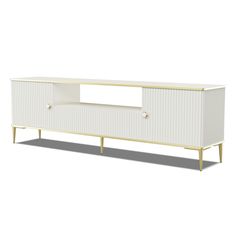 a white and gold sideboard with two shelves on one end, an open shelf to the