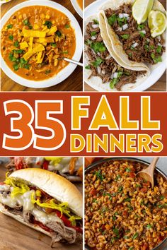 the 25 fall dinner menu is shown with pictures of different foods and vegetables on it