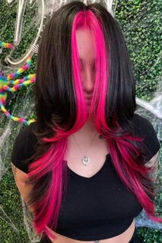 Hot Pink Face Frames Hair Ideas With Color, Hair Ideas For Moms, Colored Bangs Only Fringes, Black Hair With Hot Pink Underneath, Black Hair Pink Ends, Pink Hair With Black, Black Hair With Pink Ends, Black Hair With Pink Bangs, Pink Hair In The Back