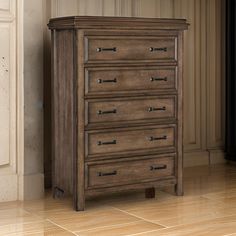 a wooden dresser sitting on top of a hard wood floor next to a wall and window