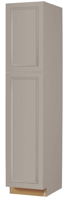 a gray cabinet with two doors on the front and one door open to reveal an empty drawer