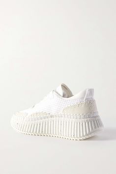 White Nama embroidered suede and recycled mesh sneakers | CHLOÉ | NET-A-PORTER White Chunky Sneakers, Denim Flats, Chloe Shoes, White Sneakers Women, Mesh Sneakers, Sport Swimwear, Walking Sneakers, Sneakers Blue, Chunky Sneakers