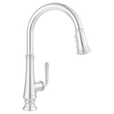 a kitchen faucet with the pull out sprayer and chrome finish, on a white