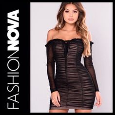 Nwot Fashion Nova Maura Mesh Dress Sz M Mesh Off-Shoulder Dress Long, Sheer Sleeves Armpit To Armpit Approx 13” Length Approx 27” Stretch Fabrication Body Hugging Silhouette Ruched Front And Back Fully Lined Body 92% Nylon 8% Spandex Lining 95% Polyester 5% Spandex Black/Nude Tags Removed, Never Worn Black Stretch Off Shoulder Dress For Night Out, Spring Black Bodycon Off-shoulder Dress, Black Off Shoulder Dress For Spring Night Out, Black Off Shoulder Dress For Night Out In Spring, Black Long Sleeve Off Shoulder Summer Dress, Black Off Shoulder Dress For Summer Night Out, Black Sheer Off-shoulder Dress, Shimmer Dress Short, Mink Dress