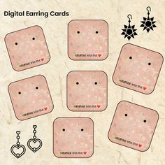 four pink coasters with hearts on them and the words digital earrings cards written in black ink