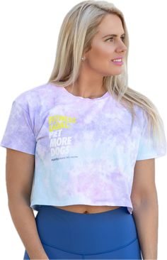 Our new variation of our beloved line ! This crop top is as soft as they come with a candy Tie-Dye that will be the center of attention at any dog park ! We only have one goal in mind....To Pet More Dogs ! Sporty Relaxed Fit Tie Dye Tops, Trendy Tie Dye Tops With Letter Print, Trendy Tie Dye Top With Letter Print, Trendy Multicolor Workout Tops, Trendy Purple Workout Tops, Trendy Tie Dye Soft-washed Tops, Purple Cotton Workout Top, Casual Multicolor Tops For Workout, Fitness Goal