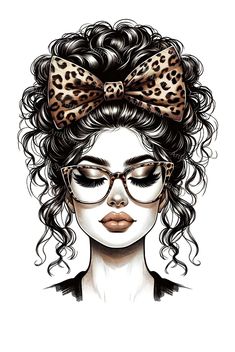 a drawing of a woman with glasses and a leopard print on her head, wearing a bow