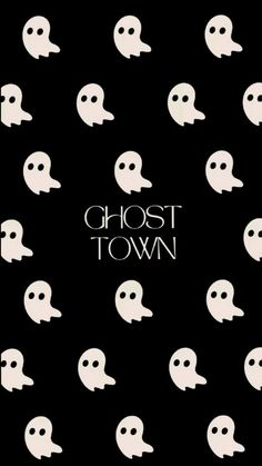 the ghost town logo is surrounded by white ghost heads on a black background with words ghost town