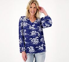 Paired with crisp white jeans or shorts and this popover blouse is absolute perfection. From Belle by Kim Gravel. Chic Split Neck Top For Vacation, Versatile Summer Top With Split Neck, Versatile Split Neck Top For Summer, Summer Split Neck Top For Day Out, Relaxed Fit Split Neck Top For Vacation, Relaxed Fit Split Neck Top For Day Out, Trendy Summer Split Neck Tops, Trendy Split Neck Summer Tops, Trendy Split Neck Tops For Summer