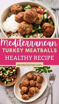 mediterranean turkey meatballs with rice and cucumbers in a bowl on a table