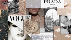 a collage of images with the words prada written in black and white