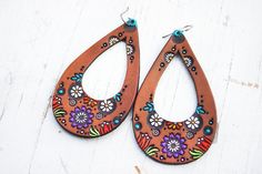 Teardrop Wildflower and Daisy Leather Earrings  Tulip image 0 Bohemian Teardrop Earrings For Everyday, Hand Painted Bohemian Earrings For Everyday, Bohemian Teardrop Hand Painted Earrings, Shoe Repair Shop, Shoe Repair, Leather Conditioner, Leather Pieces, Copper Color, Leather Care