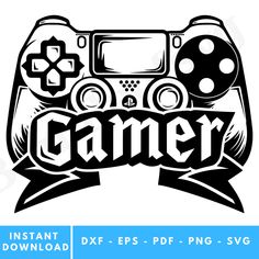 an image of a video game controller with the word gamer on it in black and white