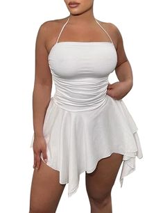 PRICES MAY VARY. Material:Made from a premium blend of 12%spandex and 88%polyester.The soft,breathable and smooth fabric offers you a second-skin feel while being stretchy enough to perfectly sculpt and slim you. Features:Sleeveless,Spaghetti Straps,Halter,Asymmetric Hem.This short summer dress with halter neckline and spaghetti straps adds an elegant touch,successfully bringing out your charming femininity and making you a star in the club and party. Design:The most striking design of this dres Diy Clothes Design, Club Outfit, Ruched Mini Dress, Dress Unique, Dress Flowy, Short Summer Dresses, Halloween Inspo, Backless Mini Dress, Mini Dresses For Women