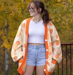 Orange Cardigan – Mochipan Color Outfits, 80’s Fashion, Orange Cardigan, Rainbow Outfit, Idea Board, Whimsical Fashion, Fashion Wishlist, Fashion Design Drawings, Pop Of Color