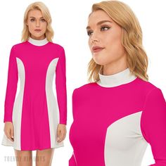 Transport yourself back to the vibrant era of the 60s with our Fuchsia Pink Mod Dress, a striking representation of the iconic 60s dress style. This Color Block Dress pays homage to the mod fashion movement, featuring a playful and lively combination of fuchsia pink and white hues. The GOGO Dress design captures the essence of retro chic, offering a unique blend of bold colors and vintage-inspired details. Crafted from luxurious 100% polyester velour material, this dress not only embodies the sp Dress 60s Style, 60s Fashion Dresses, 60s Mini Dress, Gogo Dress, Fashion Movement, 60s Style, Vintage Aesthetics, Color Block Dress, Dress Retro