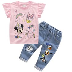 Minnie Mickey Kids 2Pc Set T-shirt + Jeans Elevate your child's summer style with this adorable Minnie Mickey Mouse 2-piece clothing set. Crafted for comfort and cuteness, this set includes a charming cartoon-themed T-shirt paired with trendy jeans pants. Ideal for both baby girls and boys, this tracksuit ensemble ensures your little one is fashion-forward and ready for any adventure. Whether it's a playdate or a family outing, this summer outfit is a must-have addition to your children's wardro Family Matching Sets With Cartoon Print Short Sleeves, Spring Character Print Short Sleeve Sets, Spring Short Sleeve Sets With Character Print, Playful Summer Sets With Letter Print, Summer Playful Letter Print Sets, Playful Summer Letter Print Sets, Summer Letter Print Sets For Playtime, Summer Letter Print Playtime Set, Summer Playtime Sets With Letter Print