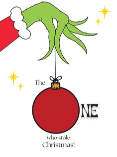 the grin stole christmas ornament is hanging from a red bauble with green hands