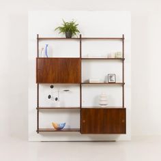 a wooden shelf with two plants on top and other items in the bottom corner, against a white wall