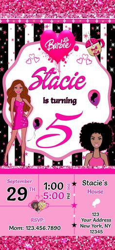 a pink and black birthday party flyer with two girls in the middle, one is wearing a