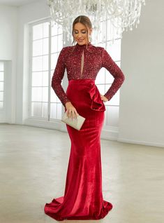 In Stock:Ship in 48 Hours Mermaid Velvet Long Sleeve Party Dress Burgundy Formal Dress, Velvet Party Dress, Style Formal, Dress Stand, Party Dress Long Sleeve, Mermaid Style, Women's Evening Dresses, Elegant Red, Mermaid Evening Dresses