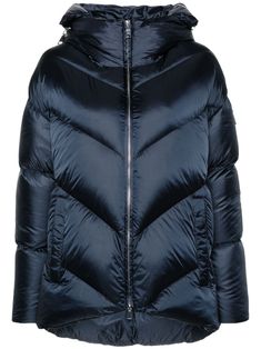 navy blue down-feather filling padded design quilted water-repellent finish semi-matte finish high neck classic hood logo print to the rear decorative zip detailing front two-way zip fastening branded zip puller long sleeves two front welt pockets interanl adjustable shoulder straps asymmetric hem