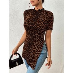 -Item Id 27313898 -Details: Asymmetrical, Split -Sleeve Type: Regular Sleeve -Style: Casual -Hem Shaped: Asymmetrical -Color: Coffee Brown -Pattern Type: Leopard Print -Neckline: Stand Collar -Sleeve Length: Short Sleeve -Length: Long -Fit Type: Regular Fit -Fabric: Slight Stretch -Material: Knitted Fabric -Composition: 91% Polyester, 9% Elastane -Care Instructions: Machine Wash, Do Not Dry Clean,Wash With The Soft Detergent -Sheer: No **Open To Offers!!!** **Bundle To Save More** **30% Off Bund Casual Stretch Asymmetrical Knit Top, Casual Asymmetrical Stretch Knit Top, Trendy Asymmetrical Stretch T-shirt, Casual Summer Tops With Irregular Shape, Casual Irregular Summer Tops, Trendy Asymmetrical Stretch Knit Top, Black Irregular Tops For Fall, Chic Irregular Tops For Fall, Asymmetrical Hem Knit Top For Fall