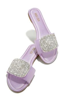 Miss Lola | Beach Cocktail Lavender Embellished Slip On Sandals – MISS LOLA Purple Flat Sandals For Party, Lavender Sandals For Summer Party, Lavender Synthetic Sandals For Summer, Lavender Sandals, Beach Cocktails, Shoe Model, Pretty Sandals, Miss Lola, Glitter Sandals