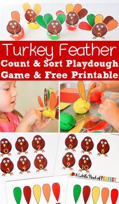 turkey feather count and sort playdough game with free printables