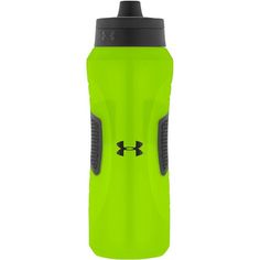 the under armour water bottle is neon green and has black accents on the lid, while it