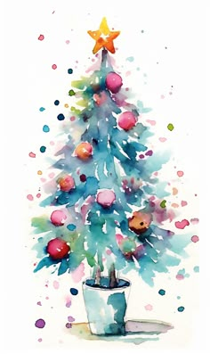 a watercolor painting of a christmas tree in a pot with balls on the top