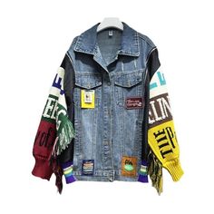 Experience a bold and trendy look with our Loose Fringed Embroidered Patchwork Denim Jacket! This jacket features a loose fit for comfort and boho-inspired fringed and embroidered details for a unique touch. - Color: Blue- Style: Jacket- Pattern: Alphanumeric Text- Sleeve Length: Long Sleeve- Fabric: Denim, Cotton- Closure Type: Button- Details: Fringe, Embroidery- Occasion: Casual, Outdoor- Gender: Women- Size: One Size Length: 68cm Multicolor Denim Outerwear With Patches, Bohemian Long Sleeve Outerwear With Frayed Hem, Spring Cotton Denim Jacket With Fringe, Spring Denim Jacket With Fringe In Cotton, Bohemian Denim Jacket With Fringe For Fall, Trendy Cotton Denim Jacket With Fringe, Oversized Outerwear With Patches For Fall, Trendy Fringed Cotton Denim Jacket, Oversized Winter Denim Jacket With Frayed Hem