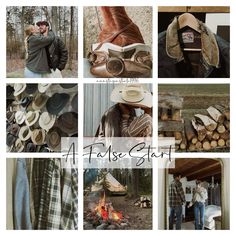 a collage of photos with hats, boots, and clothing on display in front of a fire