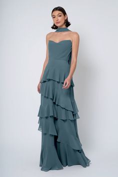 Simona agave 1 Chiffon Maxi Dress With Ruffled Straps And Details, Dusty Blue Bridesmaid Dresses Jenny Yoo, Jenny Yoo Sage Bridesmaid, Blue Floor-length Ruffled Maxi Dress, Jenny Yoo Evening Blue, Chiffon Ruffle Dress, Prom Accessories, Jenny Yoo, Convertible Dress