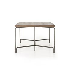 a wooden table with metal legs and a wood top on an isolated white background, viewed from the front