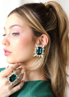 Emerald Statement Crystal Earrings Emerald Green Crystal | Etsy Luxury Rectangular Stone Earrings For Formal Occasions, Green Clip-on Jewelry For Party, Green Jeweled Earrings For Party, Green Jeweled Party Earrings, Big Stud Earrings, Emerald Green Crystal, Verde Smeraldo, Oversized Earrings, Earrings Emerald