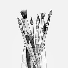 black and white drawing of paint brushes in a glass vase with watercolor pencils