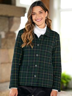 This versatile jacket is the perfect blend of casual and dressy and doubles as a blazer, too. It's designed with a soft feminine silhouette (not boxy!) and a bit of stretch to move with you. Finishing details include diamond stitching on the spread collar and top-entry welt pockets, and faux-horn buttons. Works as a jacket or a blazer Lined with plush fleece Added stretch ensures the jacket moves with you and keeps its shape Spread collar with diamond stitching accents Two top-entry pockets Approx. 26" long Jacket, cotton/elastane; lining, polyester/cotton Machine wash and dry Imported Exclusive to The Vermont Country Store | Ella Simone Soft Knit Jacket With Plush Lining - Black - 2X-Large - The Vermont Country Store Long Sleeve Cardigan With Hidden Button For Fall, Long Sleeve Cardigan With Hidden Button Closure For Fall, Fall Cardigan With Hidden Button Closure And Long Sleeves, Long Sleeve Cardigan With Hidden Button For Work, Long Sleeve Cardigan With Hidden Button Closure For Work, Tailored Casual Cardigan For Fall, Tailored Casual Fall Cardigan, Casual Tailored Cardigan For Fall, Casual Fall Cardigan