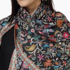 Elevate your style with the Kashmiri Kalamkari Wrap in Black, a unique hand painted scarf crafted from luxurious Merino wool. Experience the beauty of traditional kalamkari art with this must-have accessory. 100% Fine Merino Wool Hand Aari Work Embroidery Outing Kalamkari wraps are hand painted and augmented with intricate hand embroidery on the print of the wrap. One Size: 28 Inch (Width) X 80 Inch (Length) | (71 cm X 203 cm) Ideal & Elegant gift Choice! solve your gifting worries today with so Traditional Pashmina Silk Scarf With Patterns, Traditional Black Pashmina Shawl For Winter, Elegant Multicolor Scarves With Traditional Patterns, Multicolor Pashmina Dupatta With Paisley Print, Multicolor Pashmina Scarves With Paisley Print, Multicolor Pashmina Dupatta Scarves, Winter Pashmina Dupatta With Motifs, Black Festive Pashmina Shawl, Pashmina Dupatta With Motifs