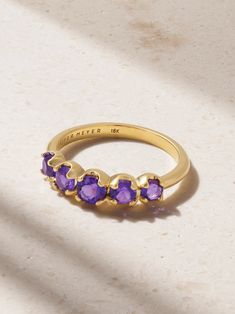 Jennifer Meyer's jewelry is "intended to become a seamless extension of those wearing it." Handcrafted from 18-karat gold, this ring is set with a row of majestic amethysts that graduate in size across the top of the band. Fine Jewelry Yellow Gold Diamond Amethyst Ring, Fine Jewelry Yellow Gold Amethyst Diamond Ring, Yellow Gold Amethyst Diamond Ring, Yellow Gold Tanzanite Rings With Brilliant Cut, Elegant Yellow Gold Amethyst Open Ring, Fine Jewelry Yellow Gold Tanzanite Rings, Luxury Tanzanite Yellow Gold Ring, Luxury Yellow Gold Amethyst Ring With Bezel Setting, Luxury Yellow Gold Tanzanite Ring