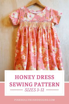 a pink dress with flowers on it and the words honey dress sewing pattern sizes 3 - 12