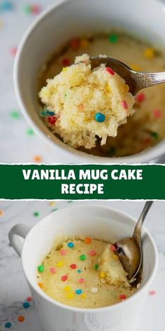 vanilla mug cake recipe with sprinkles in a white cup and on a spoon