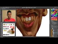 an image of a smiling man with teeth and other images on the screen, including photoshopped