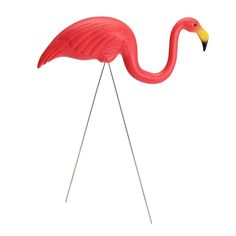 a pink flamingo standing on two legs with its head turned to look like it is holding