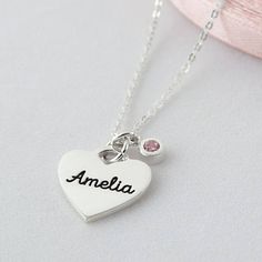 Name Necklace with Birthstone - First Mother's Day - Kid's Name Necklace - Mom Necklace - Gift for M Pink Hallmarked Necklaces As Gifts, Valentine's Day Birthstone Necklace For Birthday Gift, White Necklace With Heart Charm For Birthday, Mother's Day Birthstone Charm Necklaces For Birthday, Mother's Day Birthday Birthstone Charm Necklace, Pink Birthstone Necklace For Anniversary, White Heart Necklace With Charm For Birthday, Heart-shaped Gemstone Necklace For Birthday Gift, Heart Shaped Gemstone Necklace For Birthday