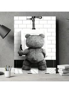 a large teddy bear sitting in front of a mirror